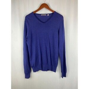 Uniqlo Men's Size M Extra Fine Merino Wool Sweater V-Neck Blue Lightweight HOLES